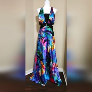 NIGHTWAY Tropical multi colored formal gown w/ music notes accents sz 14